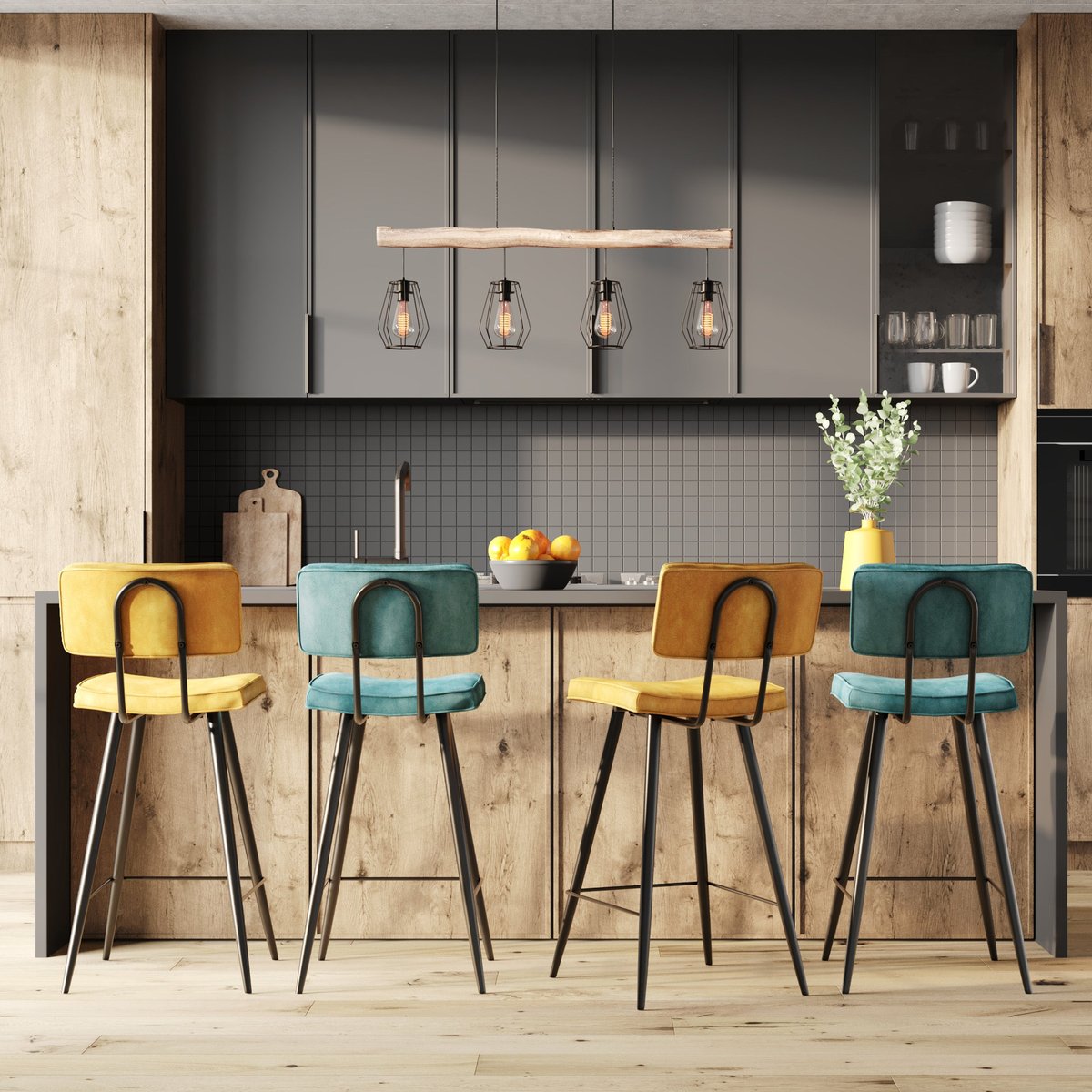 Pack 4 chaises pour îlot central et 66 cm - TEXAS bleu et jaune, MAISON PAVANE