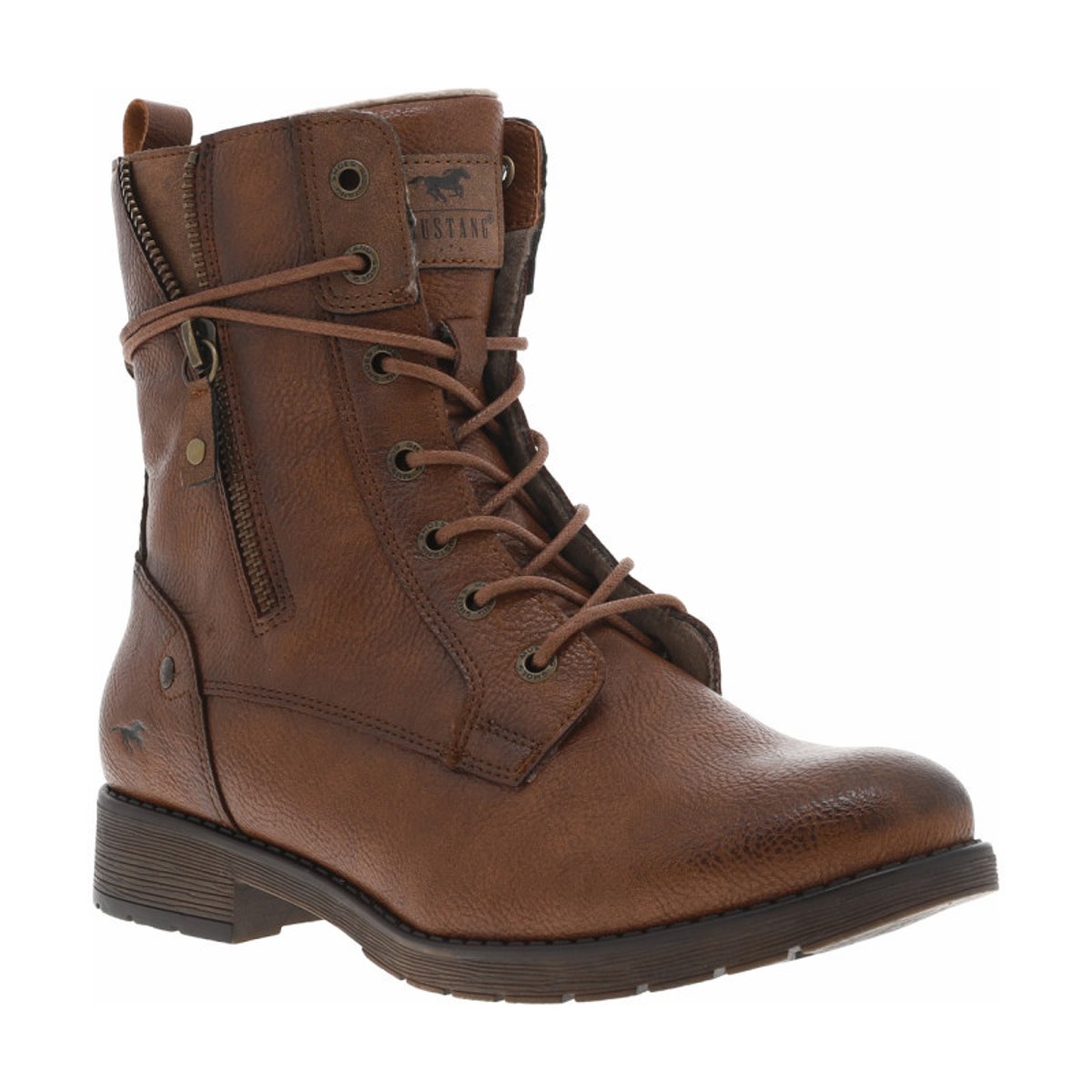 Bottines cognac à talon décroché bas avec un zip et des lacets ronds cognac, MUSTANG