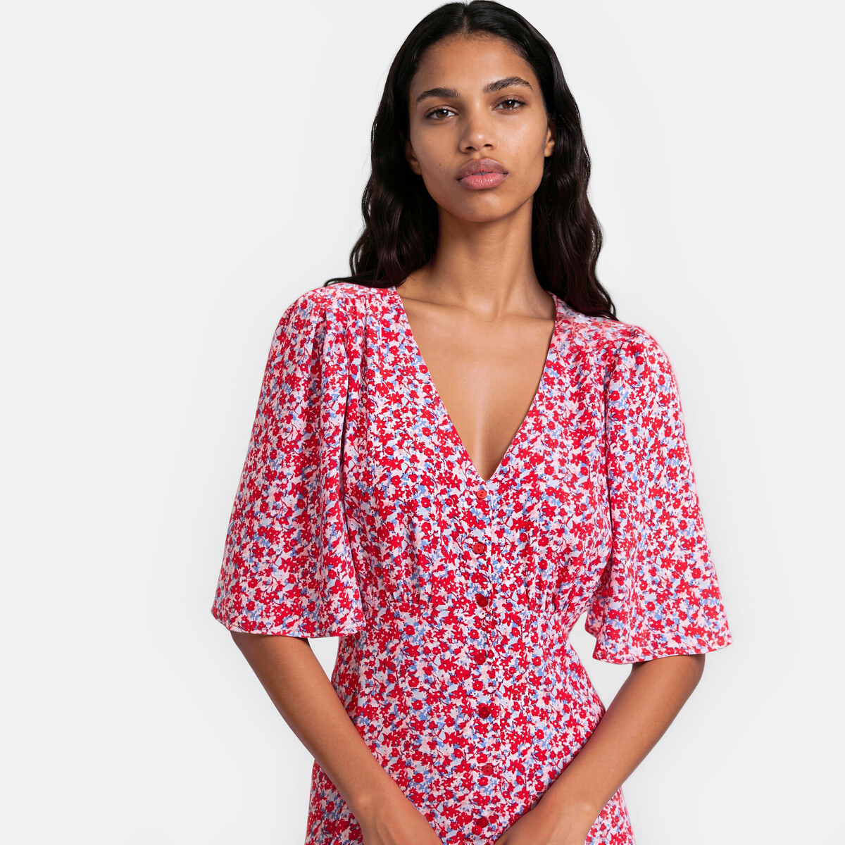 Abito svasato con stampa floreale, lungo, a maniche lunghe fantasia a fiori rosa, LA REDOUTE COLLECTIONS