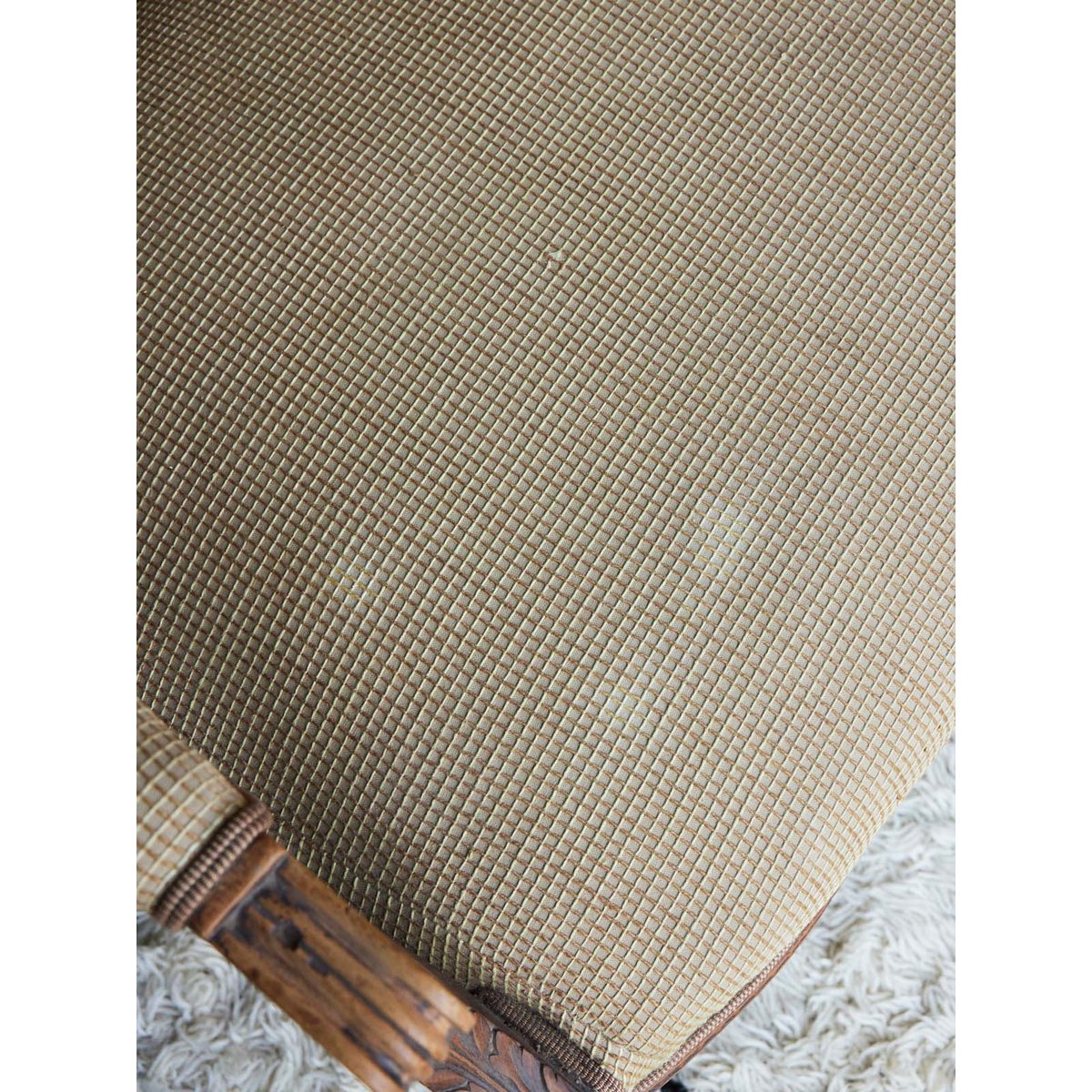 Banquette ancienne en bois et tissu Martine N°171 - Bon état bois foncé, DEBONGOUT