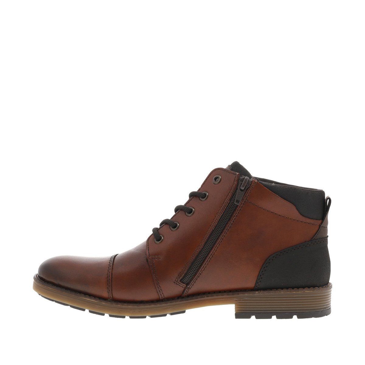 Bottines en cuir à talon plat avec un zip et des lacets ronds cognac, RIEKER
