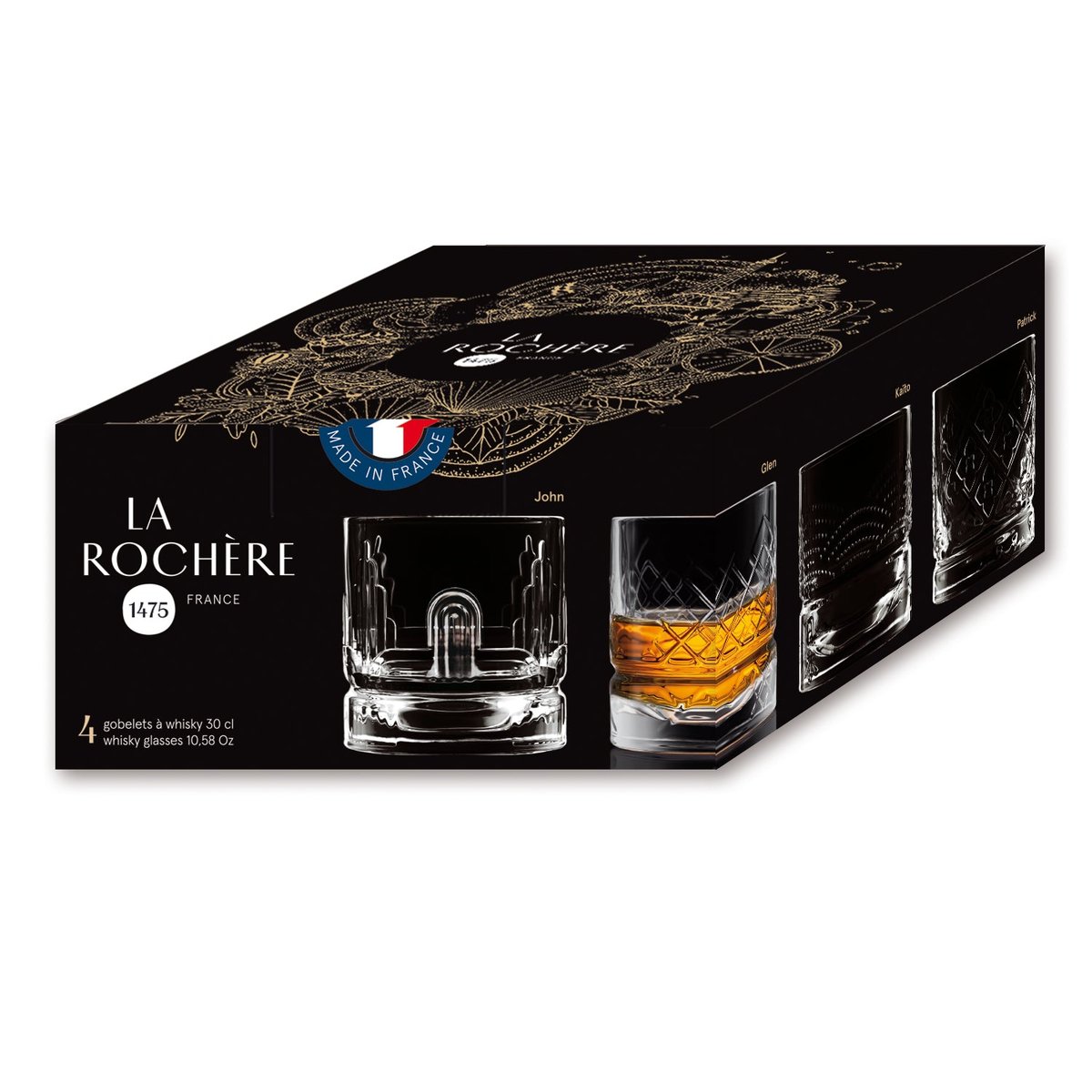 Coffret de 4 verres à whisky assortis, DANDY transparent, LA ROCHERE