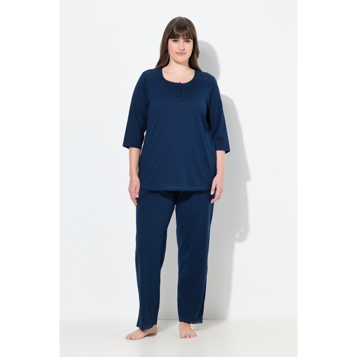 Pyjama à col rond et manches 3/4 bleu nuit, ULLA POPKEN