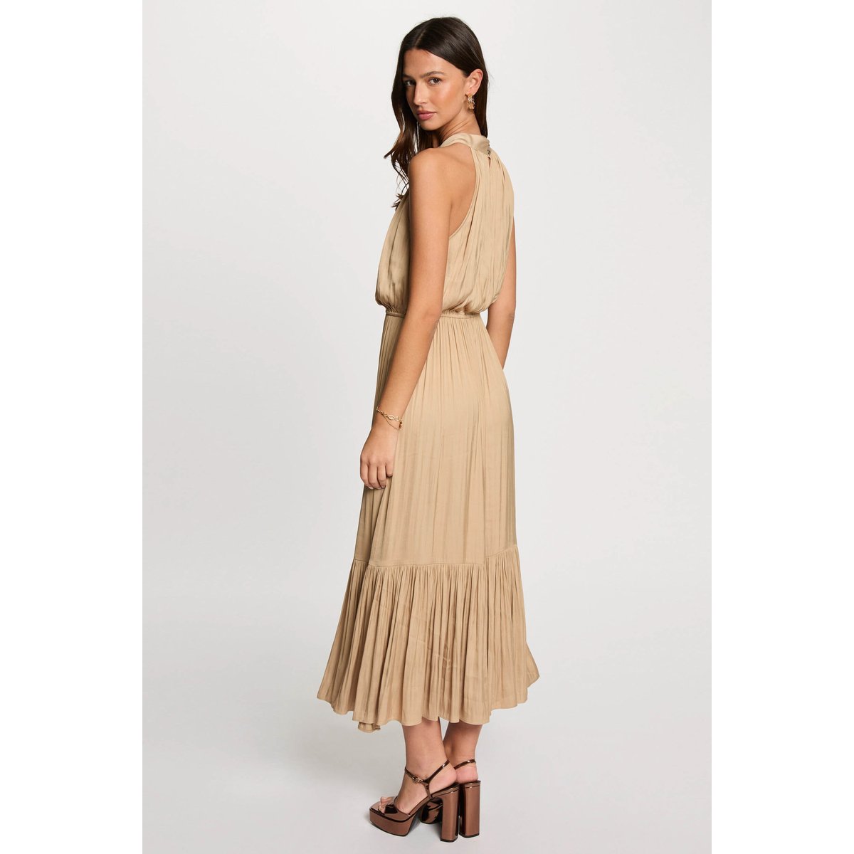 Robe longue évasée fluide beige, MORGAN