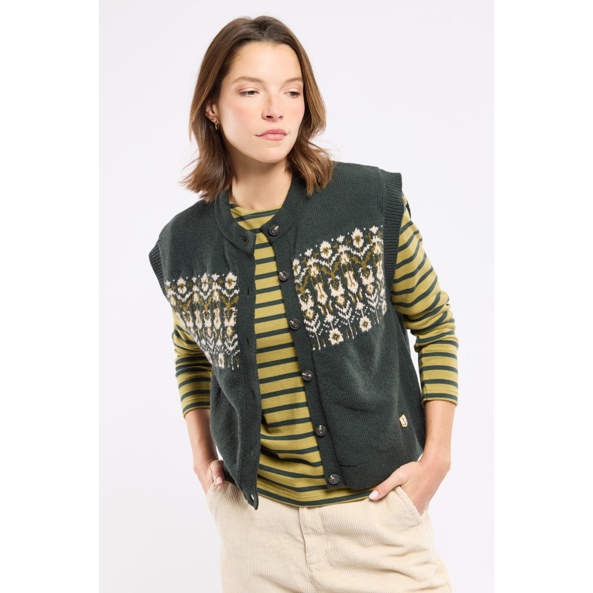 Cardigan sans manche - laine jacquard fleurs otranto, ARMOR-LUX