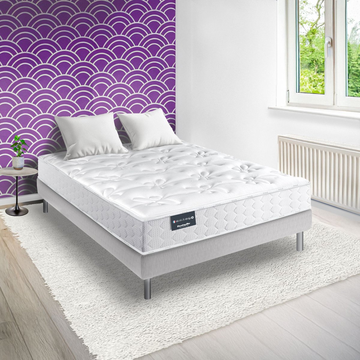 Matelas ressorts ensachés 23cm, sommier pieds blanc, DUNLOPILLO