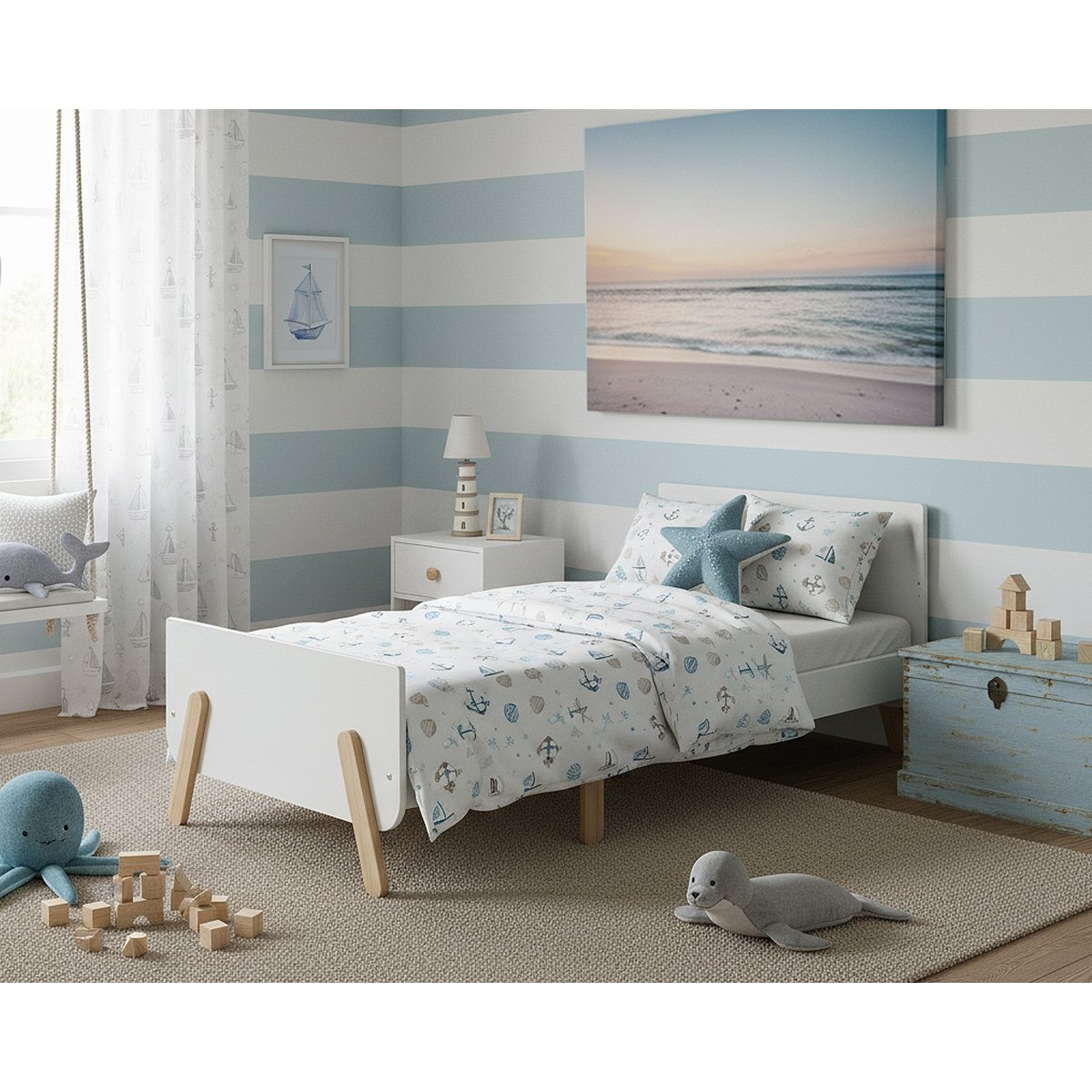 Lit enfant extensible en bois 80x140-165-190 PIRATE avec matelas blanc, JURABABY