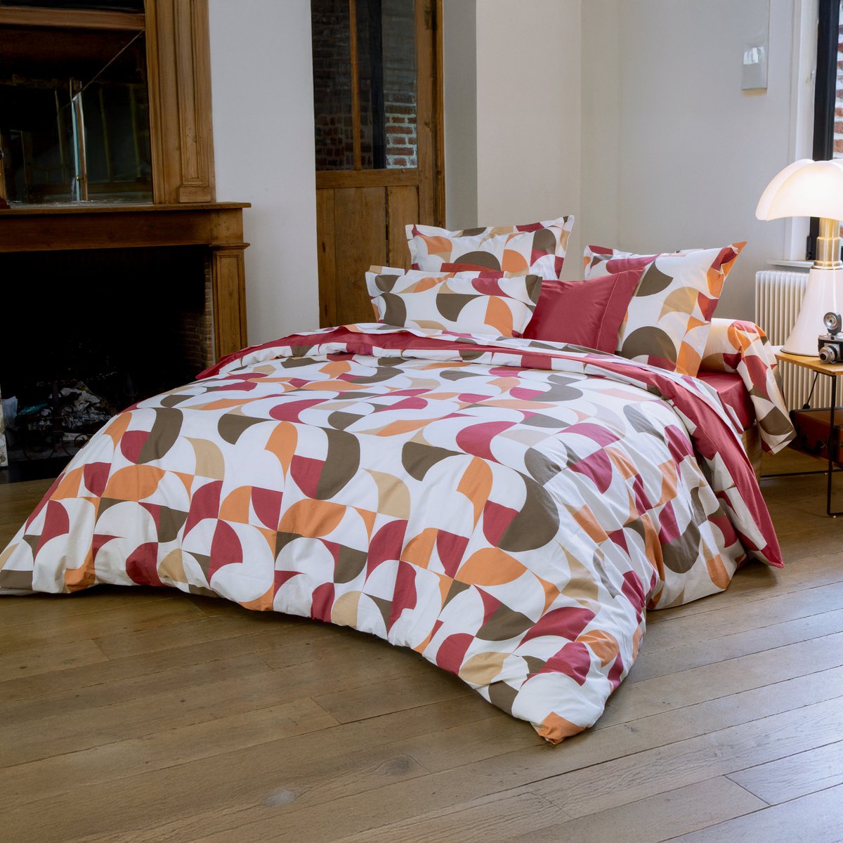 Parure de lit 3 pièces percale de coton géométrique housse + taies bordeaux, TRADILINGE