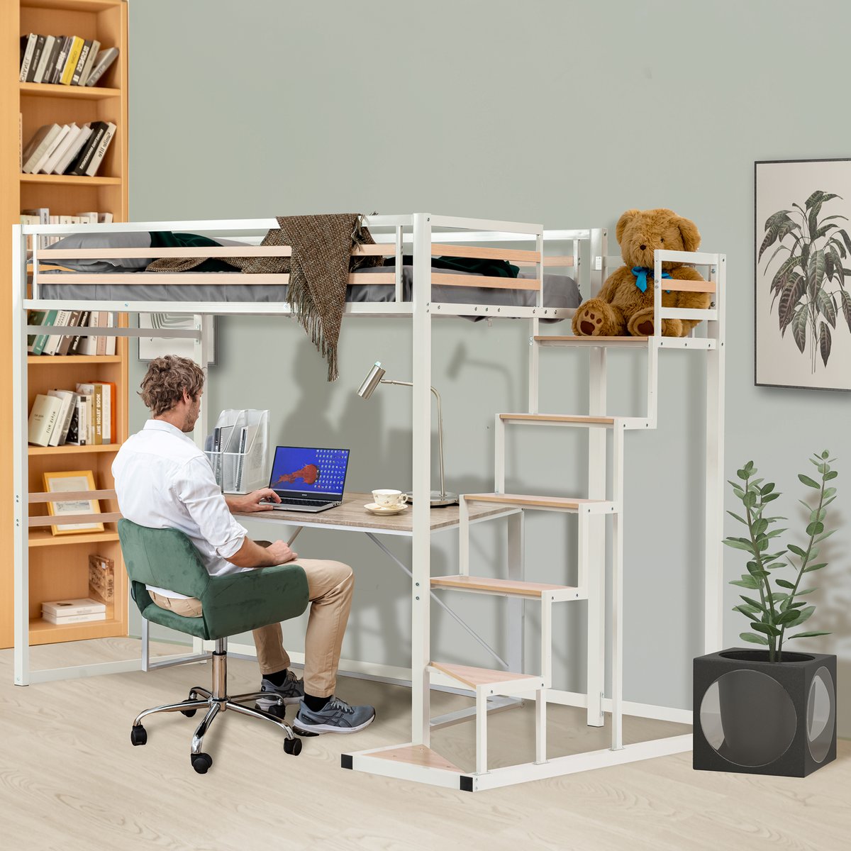 Lit mezzanine Lits superposes en métal sans matelas, UP blanc, MEUBLES COSY