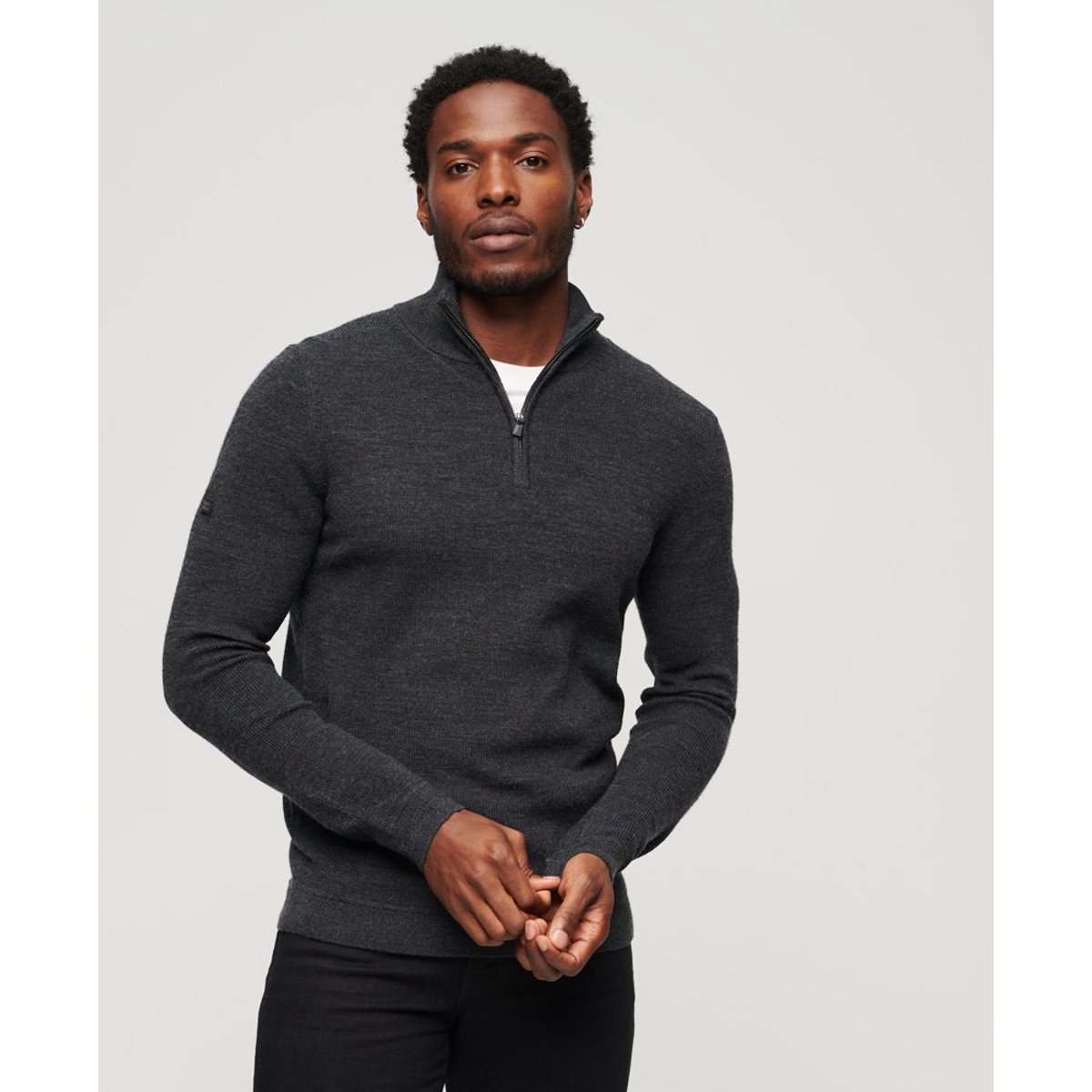 Pull semi-zippé en laine mérinos anthracite foncé chiné, SUPERDRY
