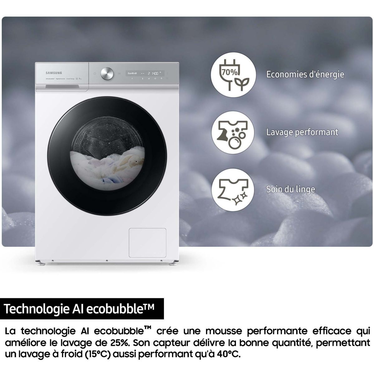 Lave linge hublot WW90DG6U85LK Bespoke AI couleur unique, SAMSUNG