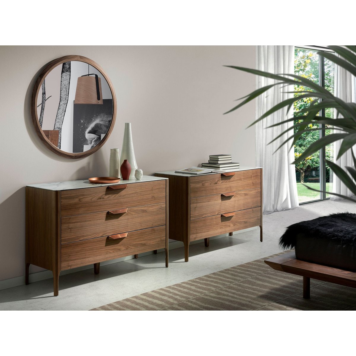 Commode en noyer avec plateau en verre effet marbre noyer | acier | blanc, ANGEL CERDA