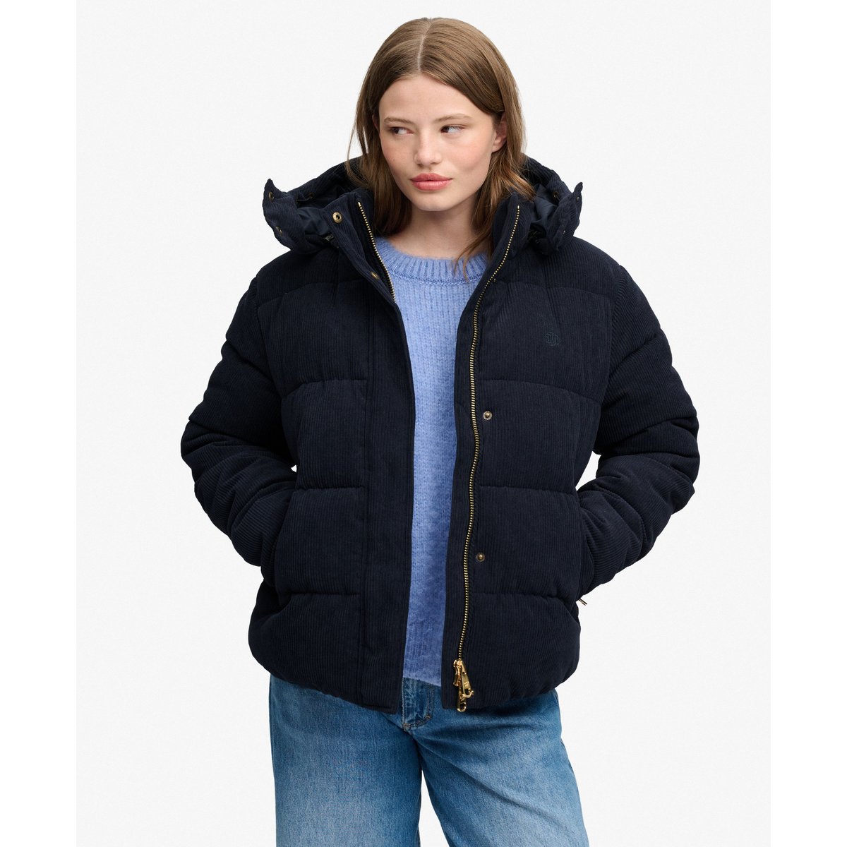 Doudoune à Capuche en Velours Premium bleu marine éclipse, SUPERDRY