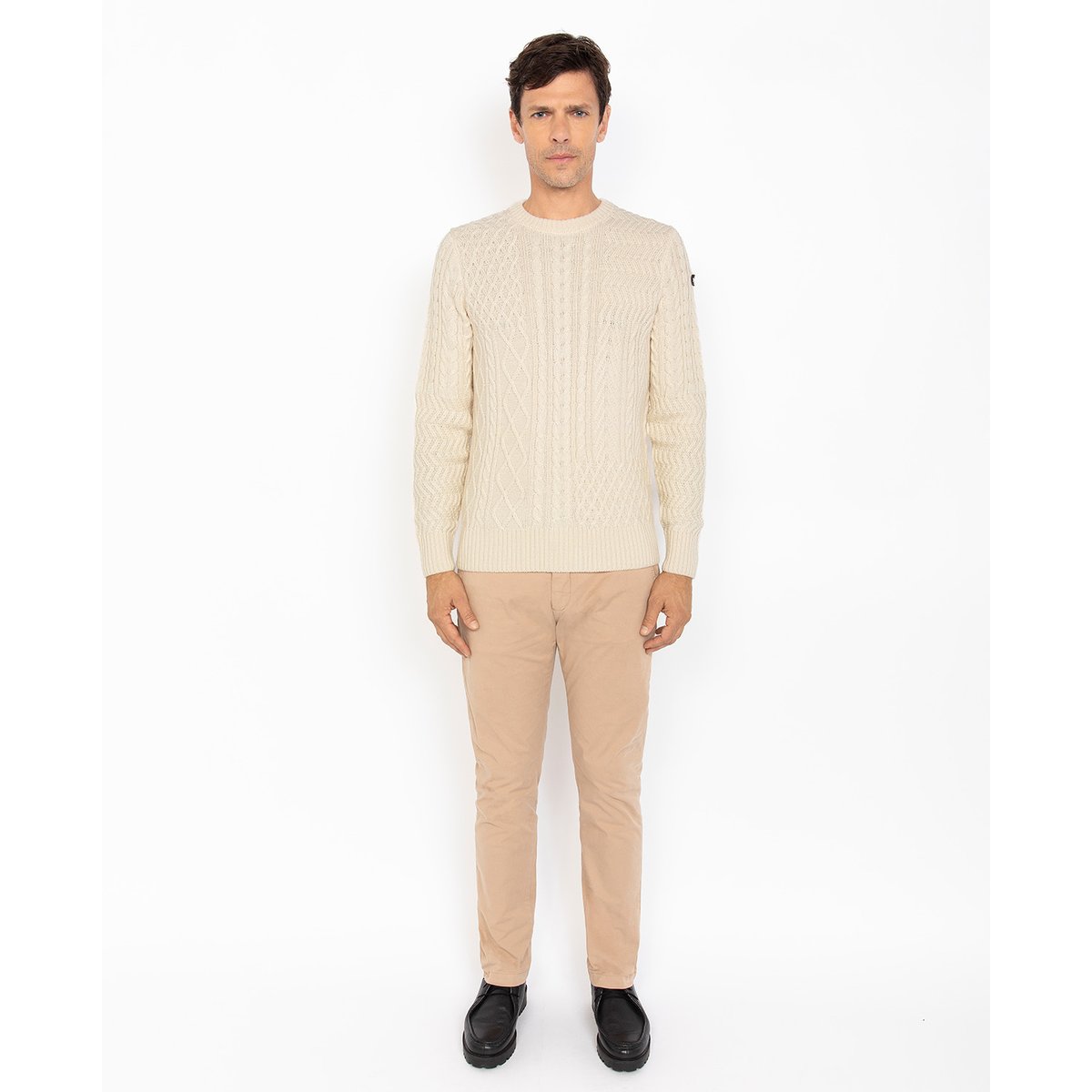 Pull col rond noir, maille torsadée blanc cassé, SCHOTT