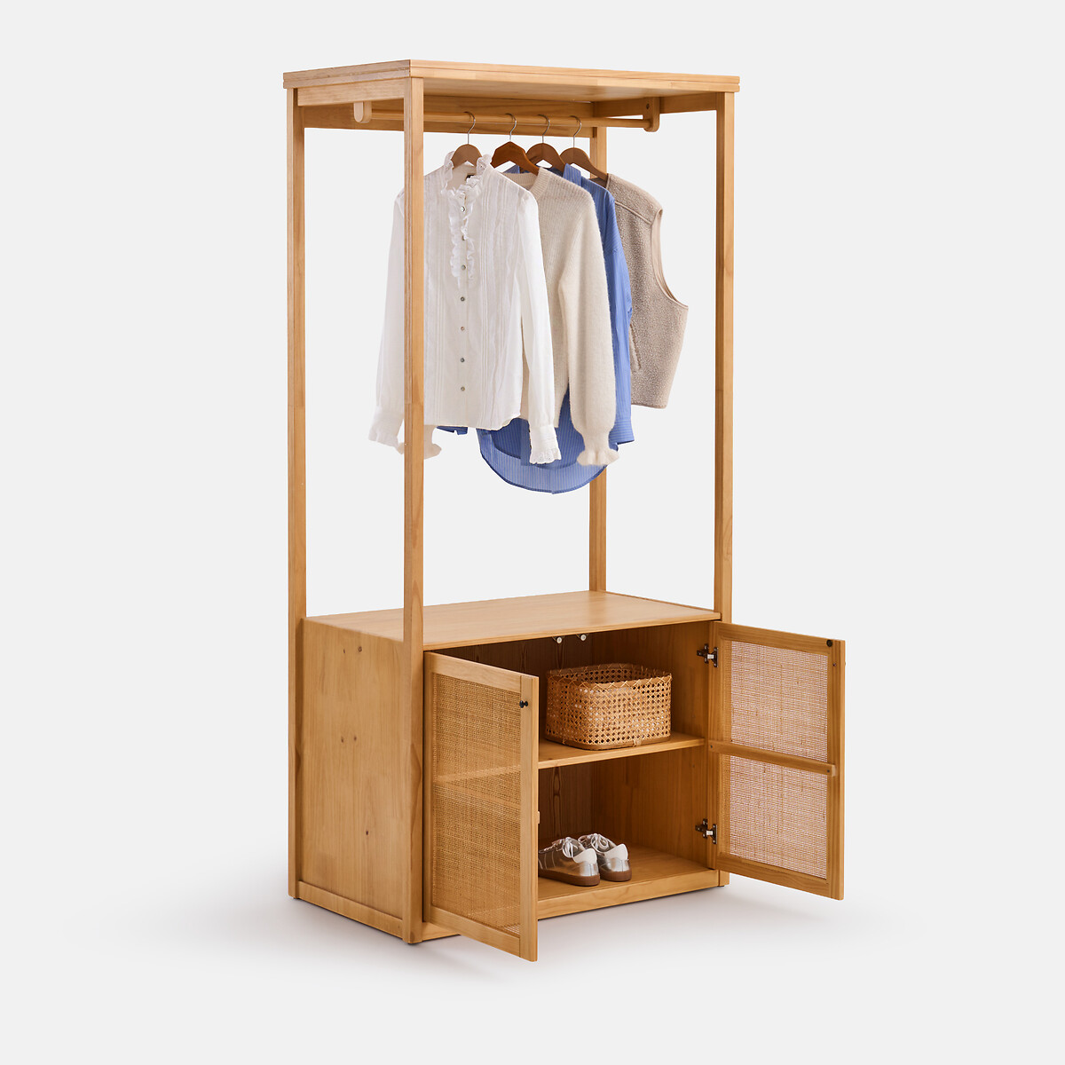Kleedmodule, 1 open kast, 2 deuren, massief grenen en riet, GABIN naturel, LA REDOUTE INTERIEURS
