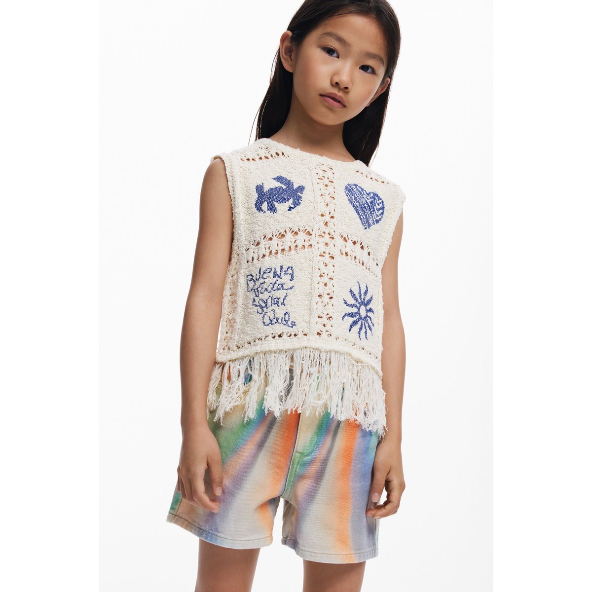 Pull crochet à franges beige, DESIGUAL