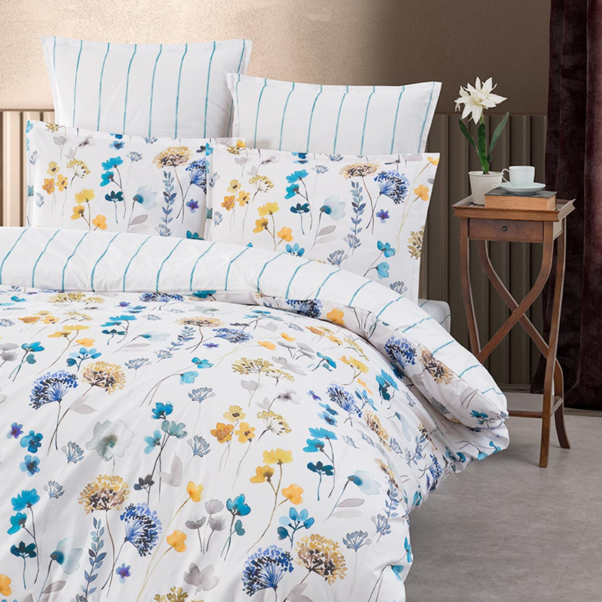 Parure housse de couette percale avec 2 taies 50x70 cm AGATHA aqua sea, SENSEI MAISON