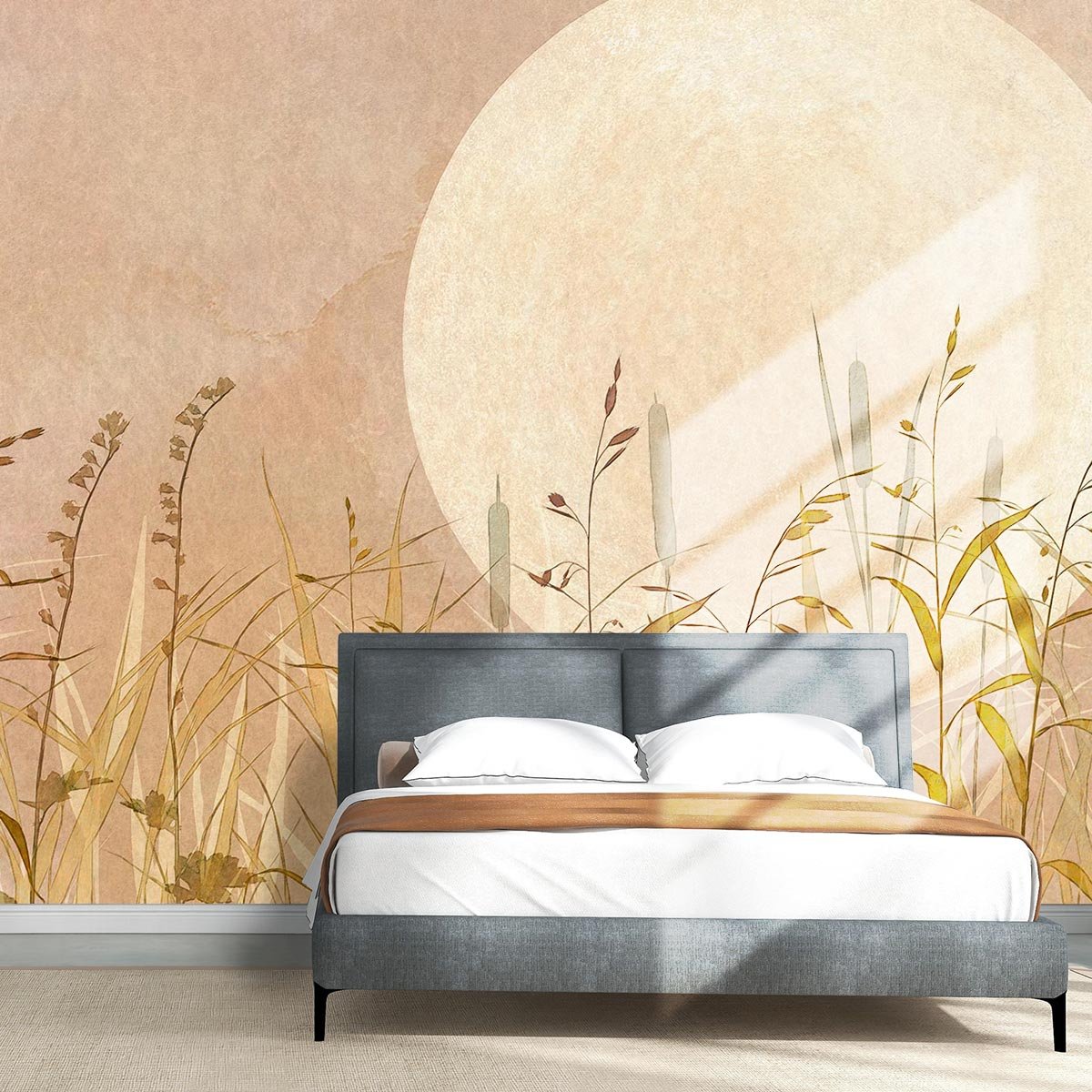 Papier peint roseaux et lune rose intissé, HEXOA