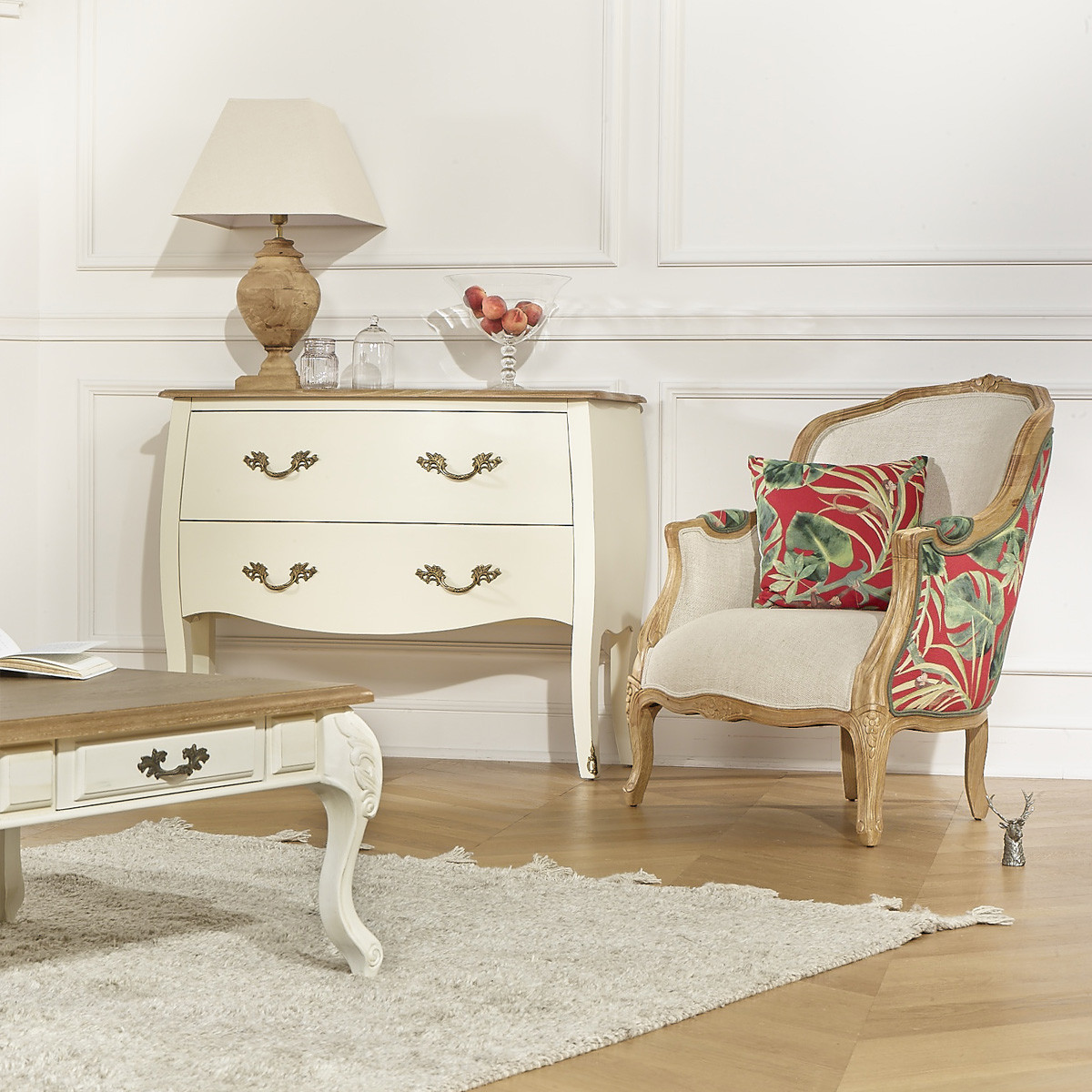 Commode style shabby chic, plateau chêne, 2 tiroirs AQUITAINE blanc, ROBIN DES BOIS