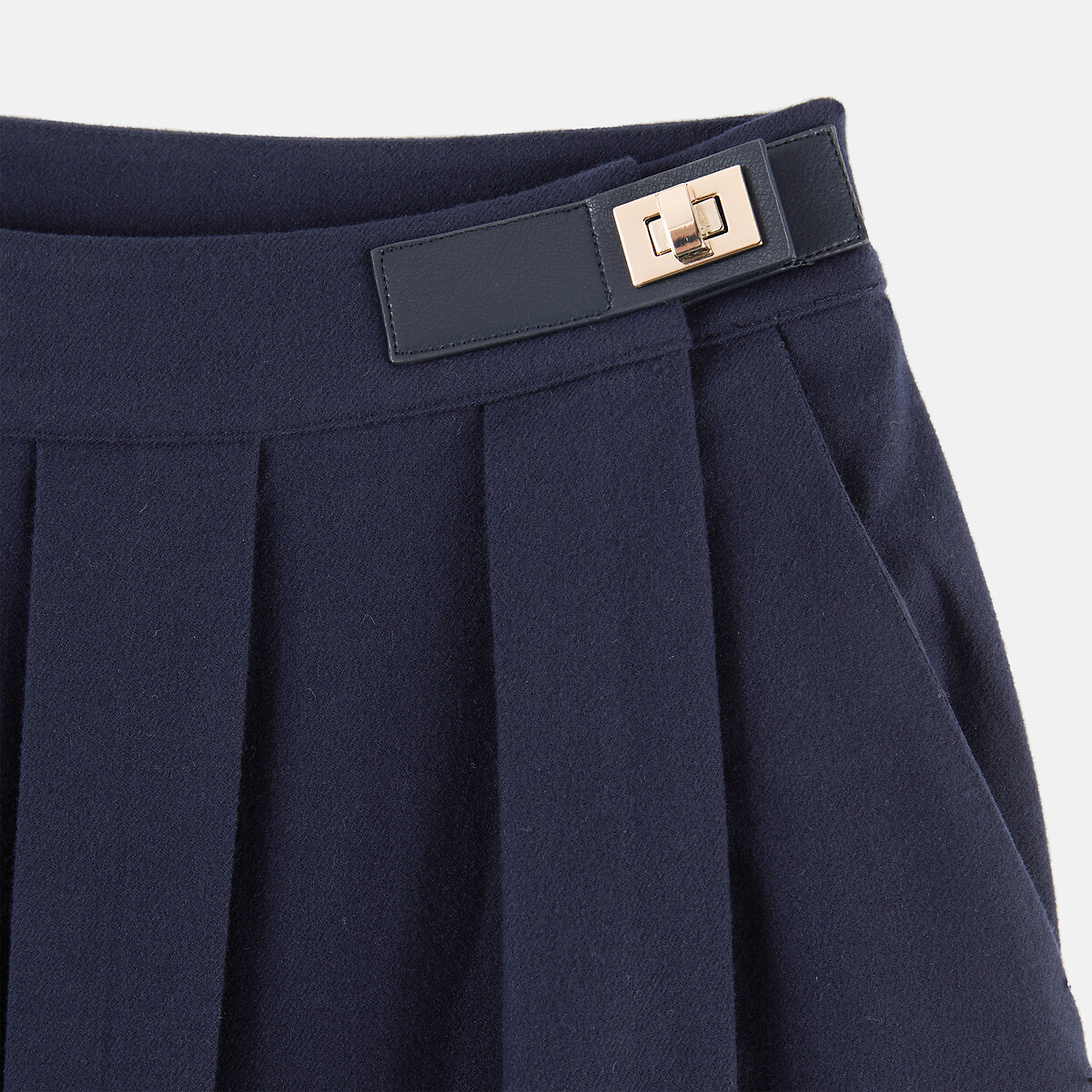 Jupe midi évasée, à plis, effet flanelle bleu marine, ANNE WEYBURN