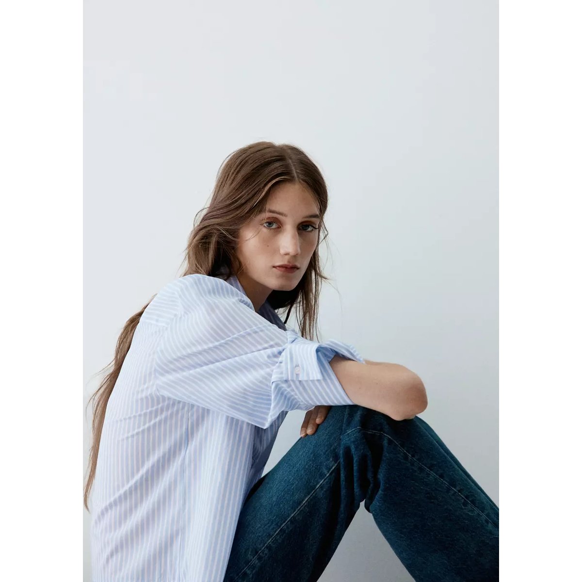 Chemise à rayures, manches trois-quarts bleu ciel, MANGO