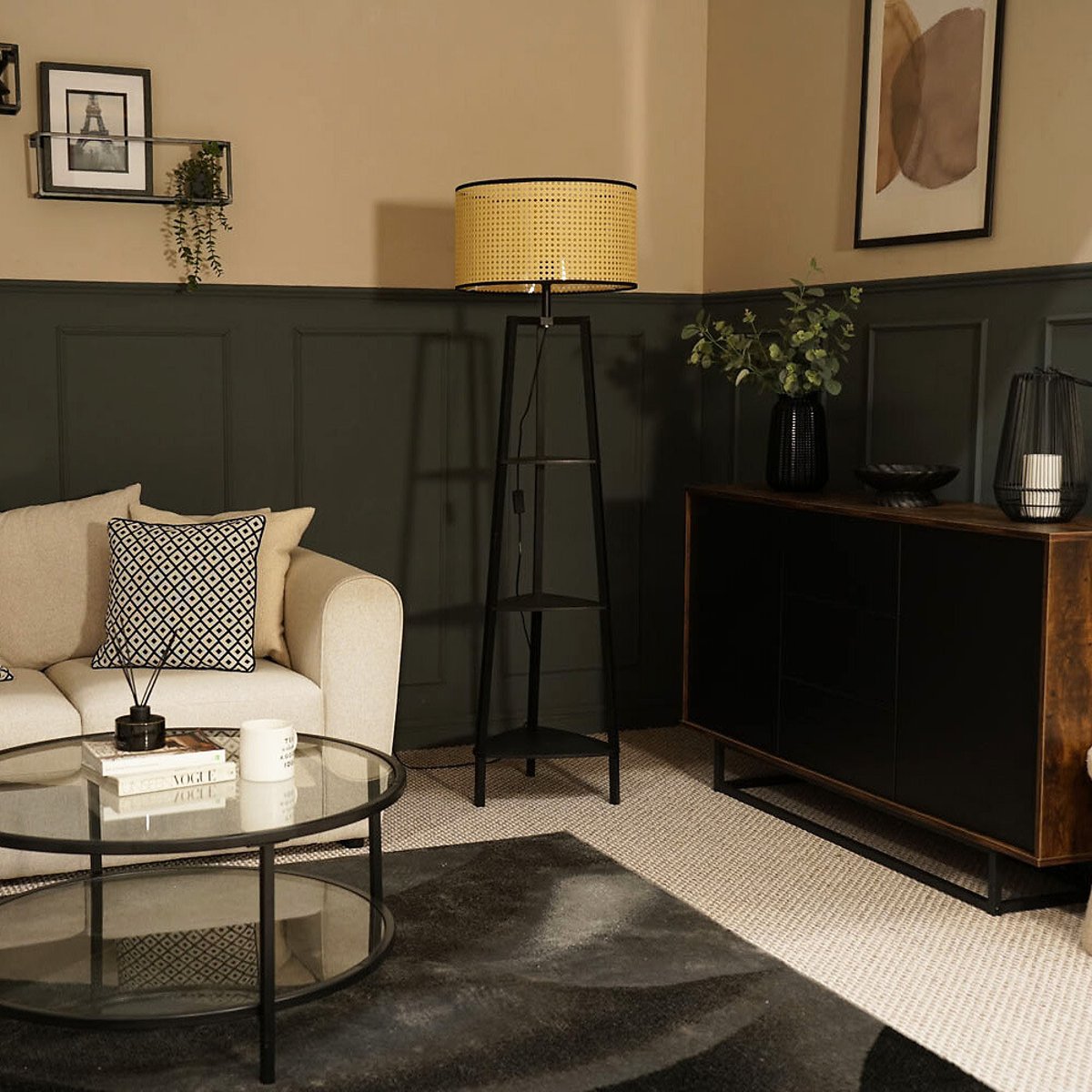 Hollis 3-Tier Shelf Tripod Floor Lamp with Black Trim Shade black, SO'HOME