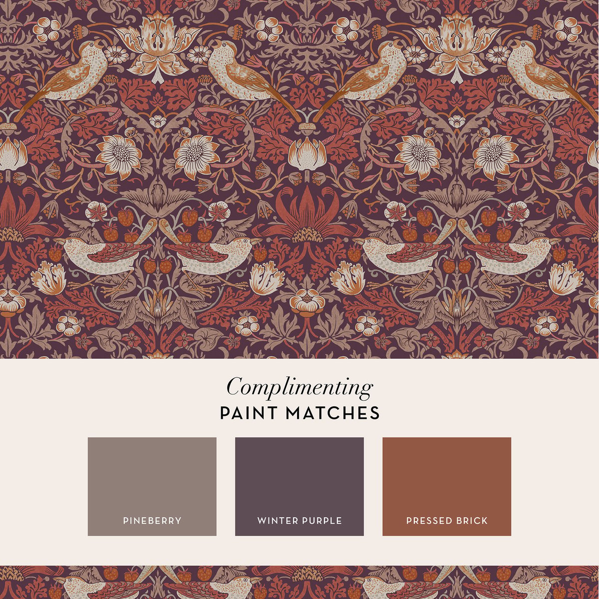 Papier peint Fleurs de fraisier et oiseaux au soleil couchant pourpre, sépia, violet, WILLIAM MORRIS AT HOME