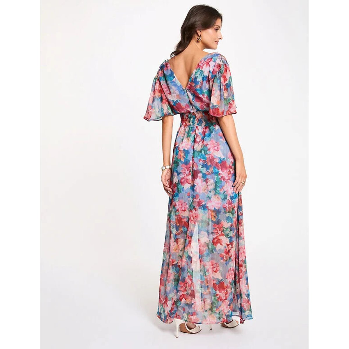 Langes Kleid mit kurzen Ärmeln und V-Ausschnitt bunt bedruckt, MORGAN