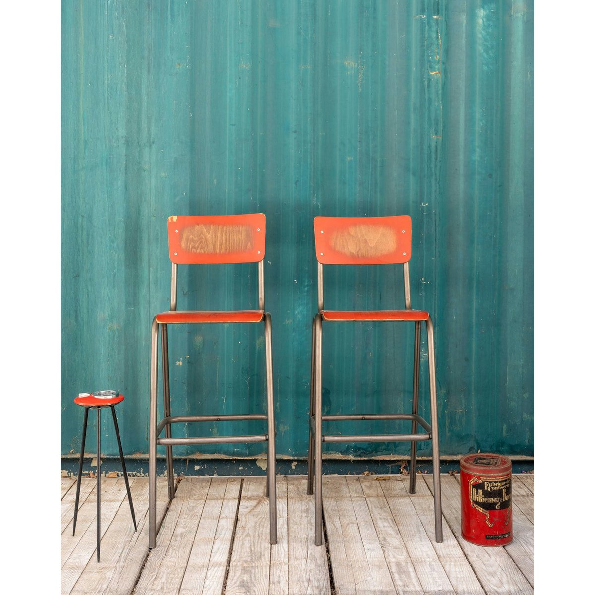 Paire de chaises hautes en bois et métal Alma N°1710 - Bon état gris, DEBONGOUT