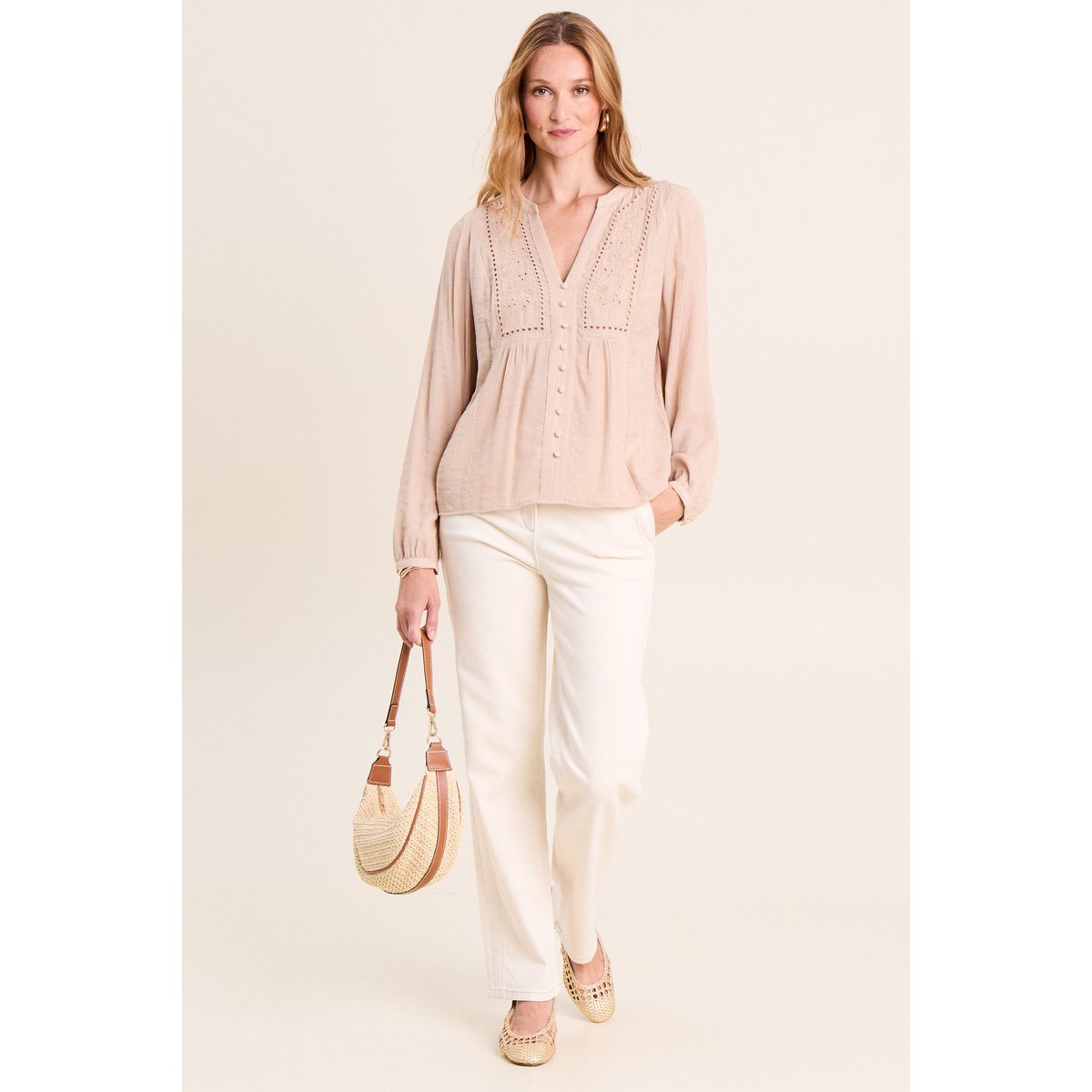 Chemise ample courte avec broderie sable, BREAL