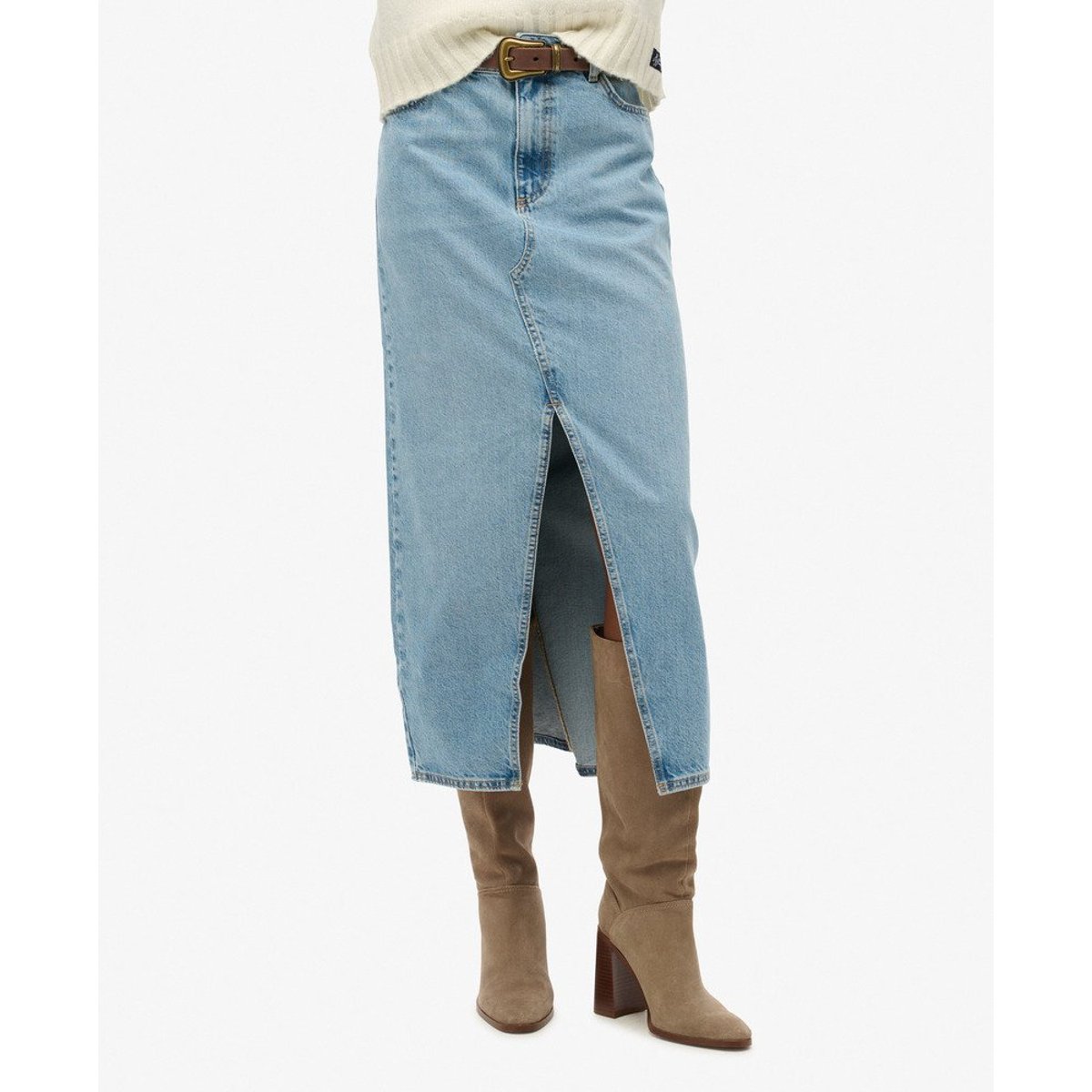 Jupe longue fendue en jean bleu beach, SUPERDRY