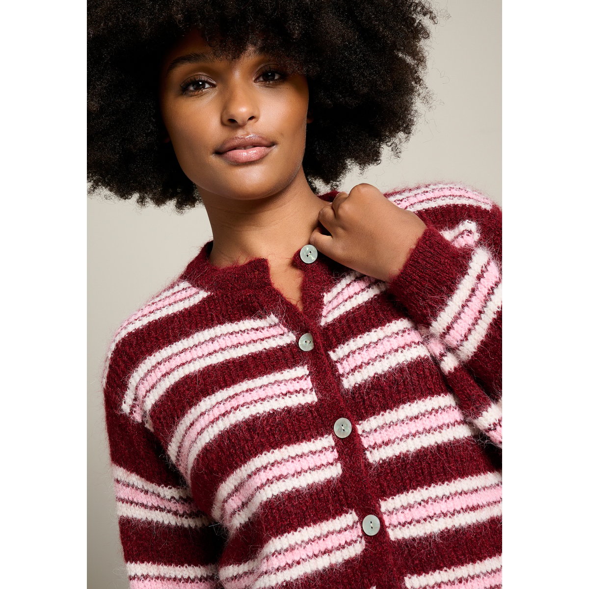 Gilet rayé en maille douce bordeau wine, LOLALIZA