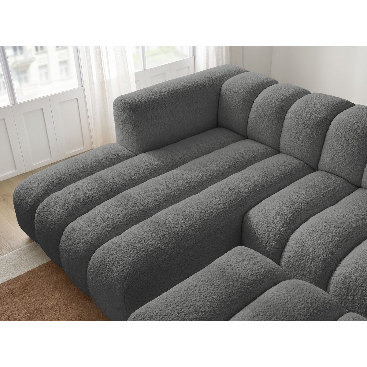 Canapé d'angle fixe 4 places en tissu bouclette avec pouf, TALIA gris foncé, BOBOCHIC