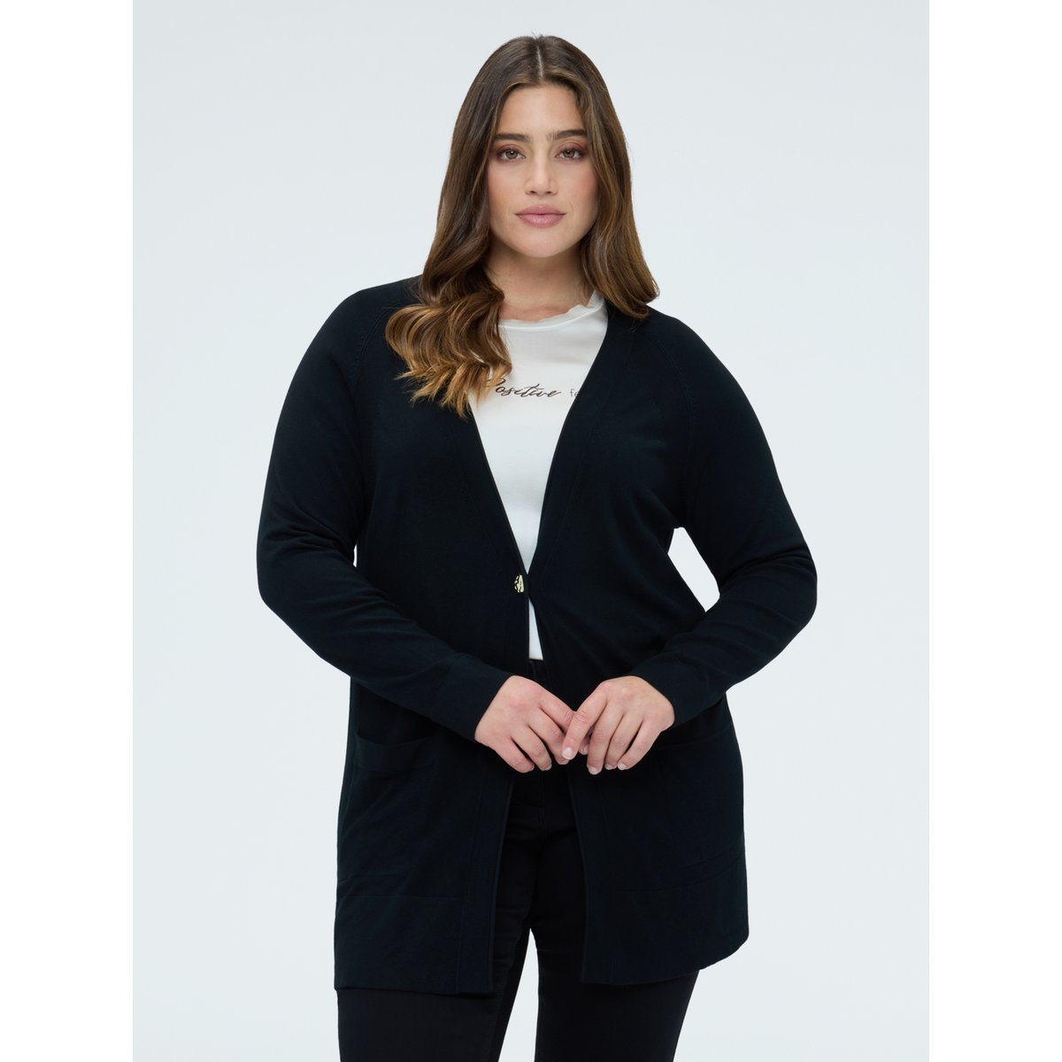 Cardigan long avec encolure en V en maille fine noir, FIORELLA RUBINO