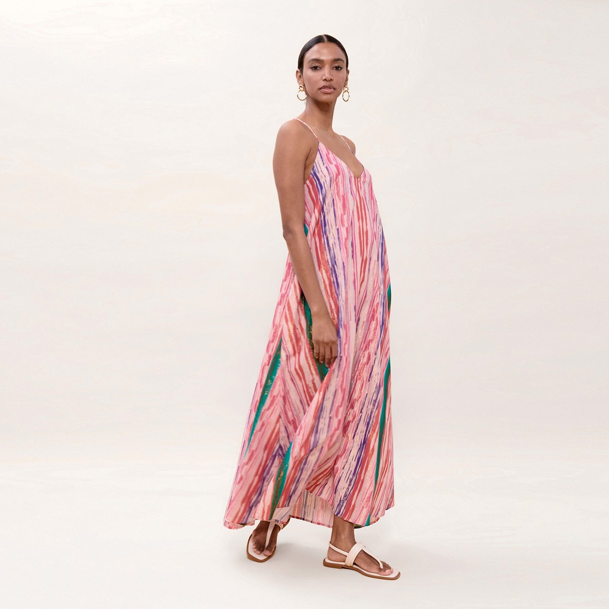 Robe longue fluide rayée à fines bretelles rose, LOLA CASADEMUNT