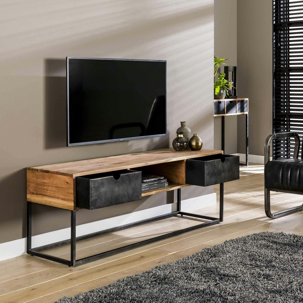 Meuble TV industriel 140 cm bois massif 2 tiroirs BUNBURY bois naturel, PIER IMPORT