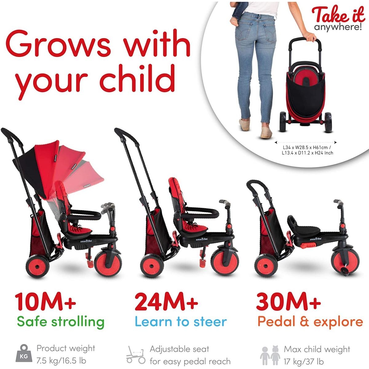 Tricycle Evolutif Pliable STR3 Rouge rouge, SMARTRIKE