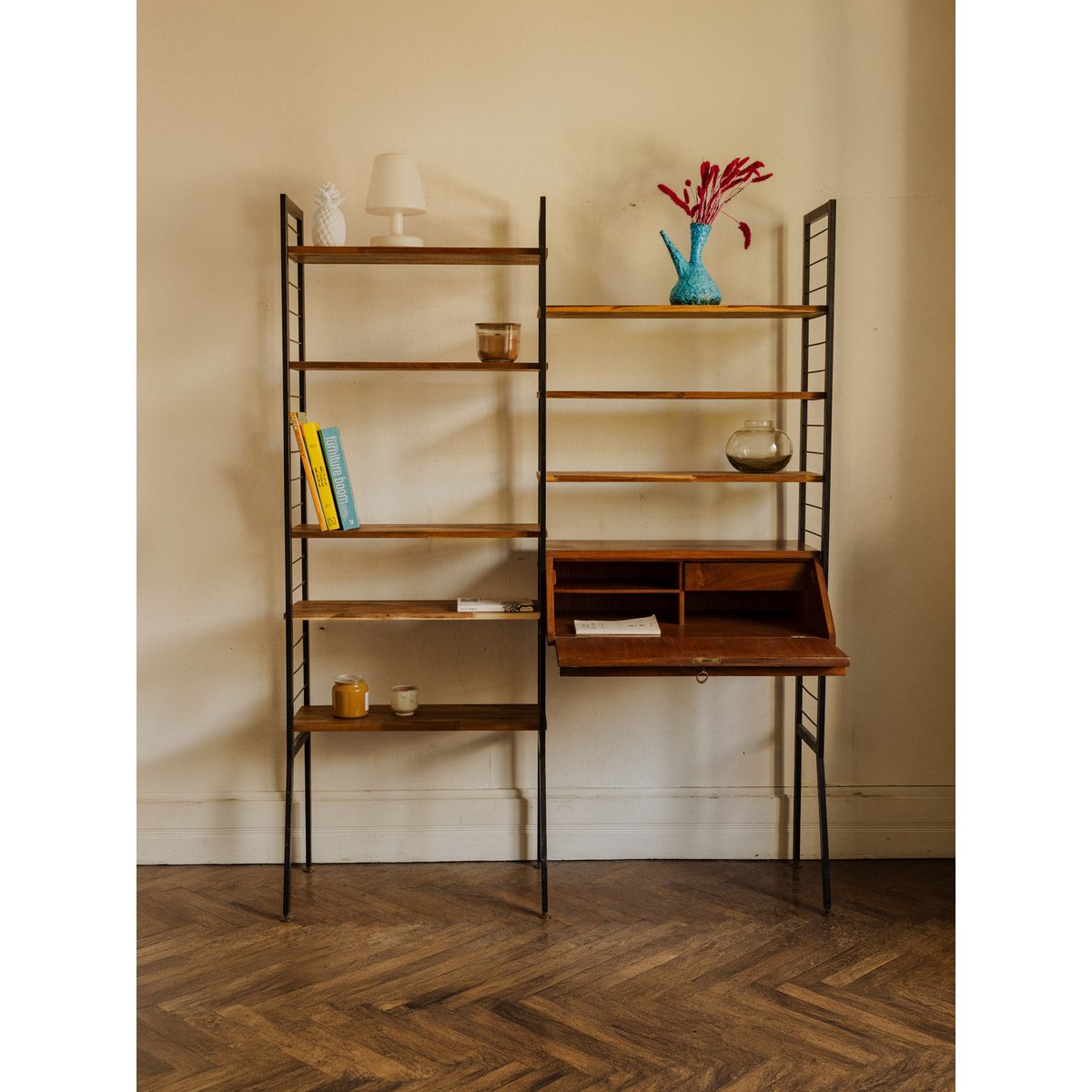 Bibliothèque modulable en bois et métal noir Madeleine N°751 - Bon état bois foncé, DEBONGOUT