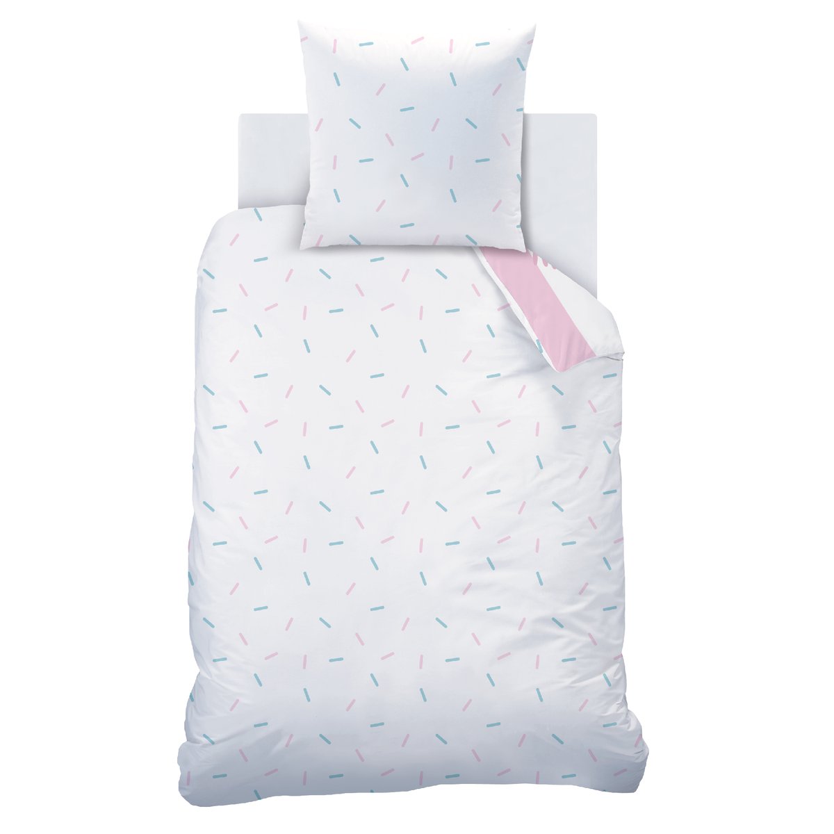 Parure de lit imprimée + drap housse 100% coton, STRIPE blanc, rose, DISNEY STITCH 