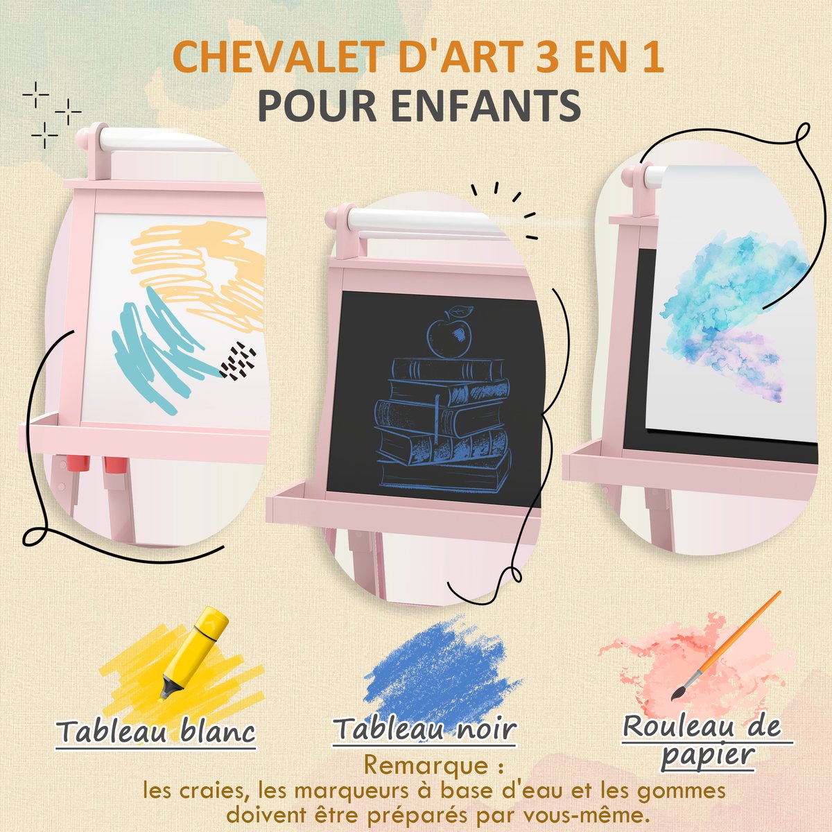 Chevalet pour enfants MDF Rose rose, rouge, beige, AIYAPLAY