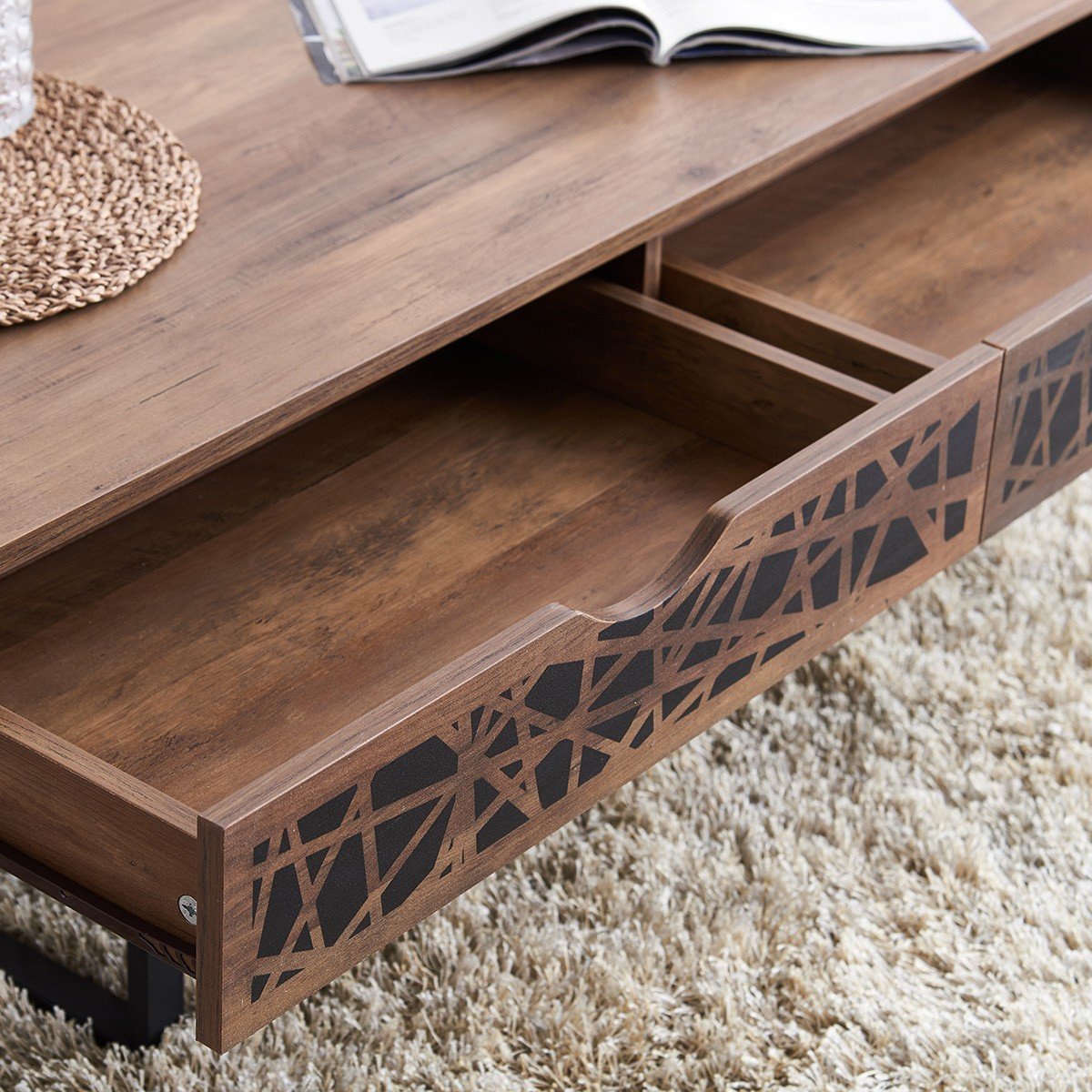 Table basse 2 tiroirs décor bois et motifs noirs L120 cm - Anaëlle bois foncé, CALICOSY
