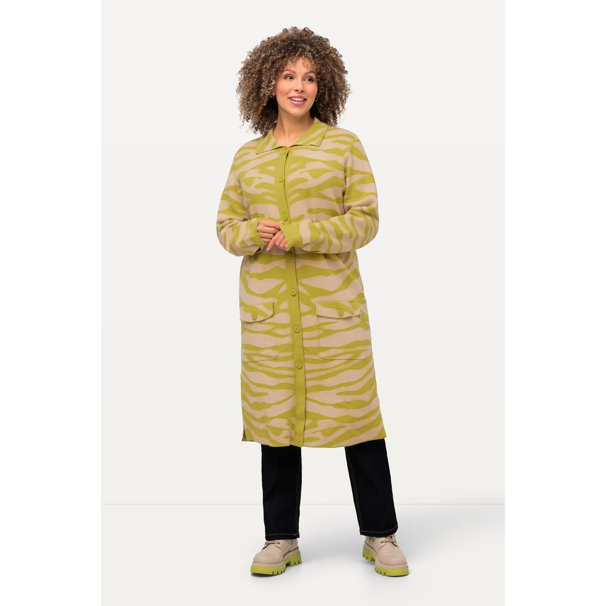 Cardigan à col chemise et poches poitrine vert jaune, ULLA POPKEN