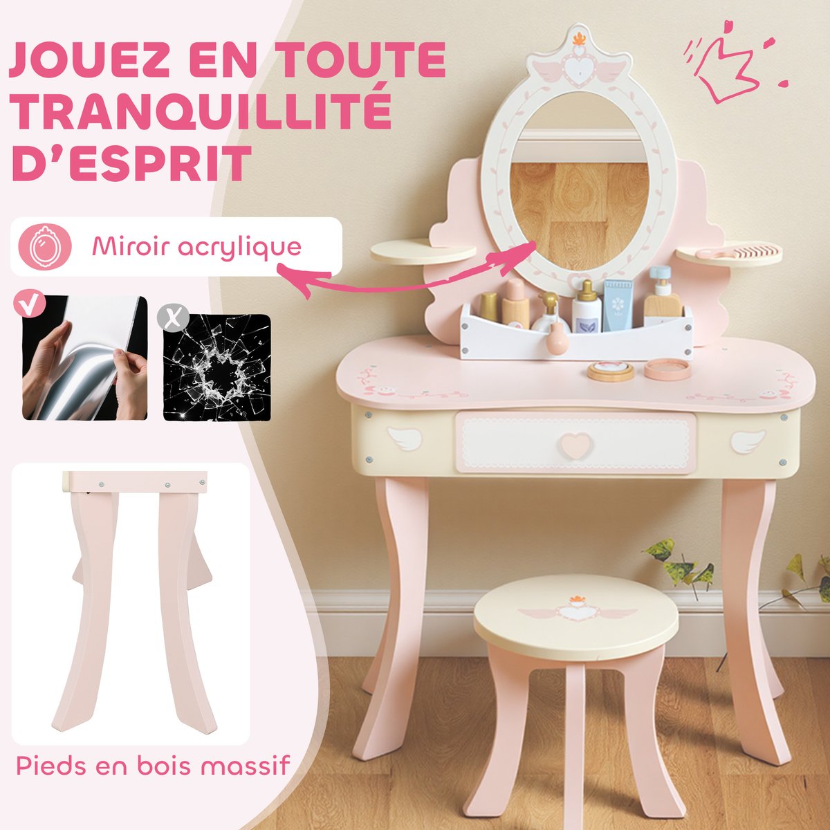 Ensemble de jeu « Coiffeuse pour enfants » rose avec motif cœur et ailes, AIYAPLAY