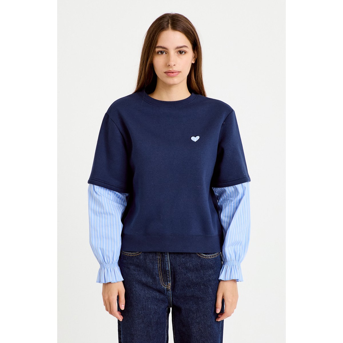 Sweat bi-matière manches longues bleu marine, CACHE CACHE
