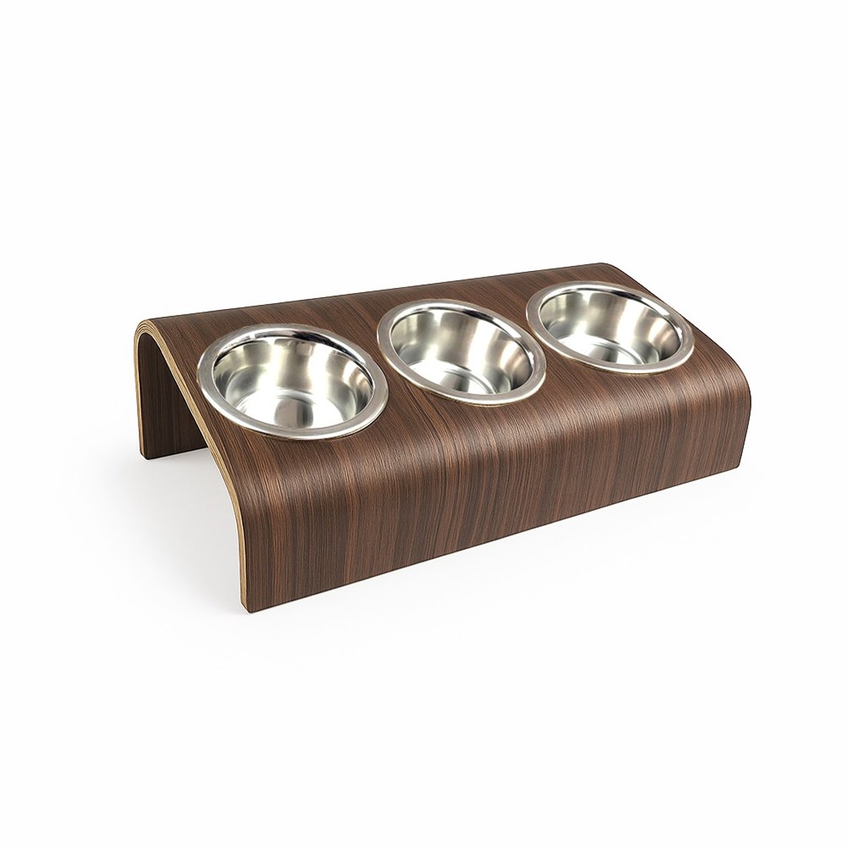 Gamelle triple surélevée socle bois, BUVO bois foncé noyer, BAGANE