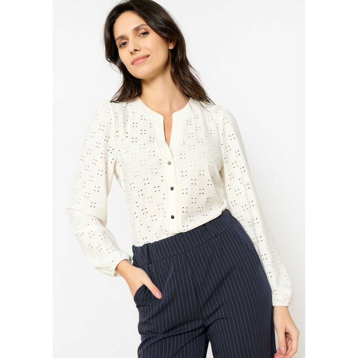 T-shirt avec broderie anglaise blanc, LOLALIZA