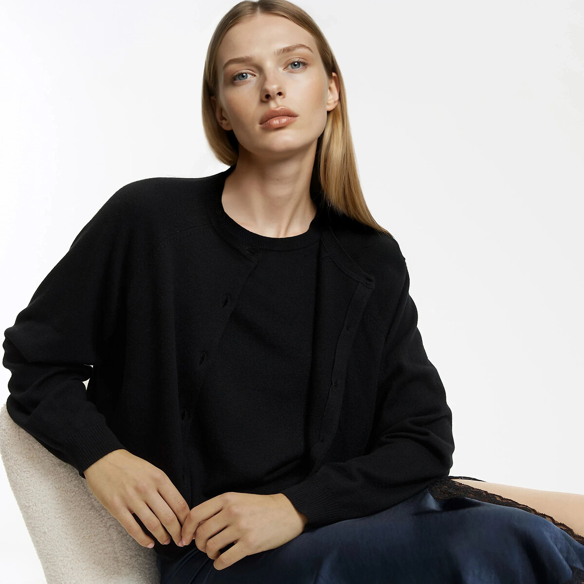 Cardigan col rond en fine maille en 100% laine noir, LA REDOUTE COLLECTIONS