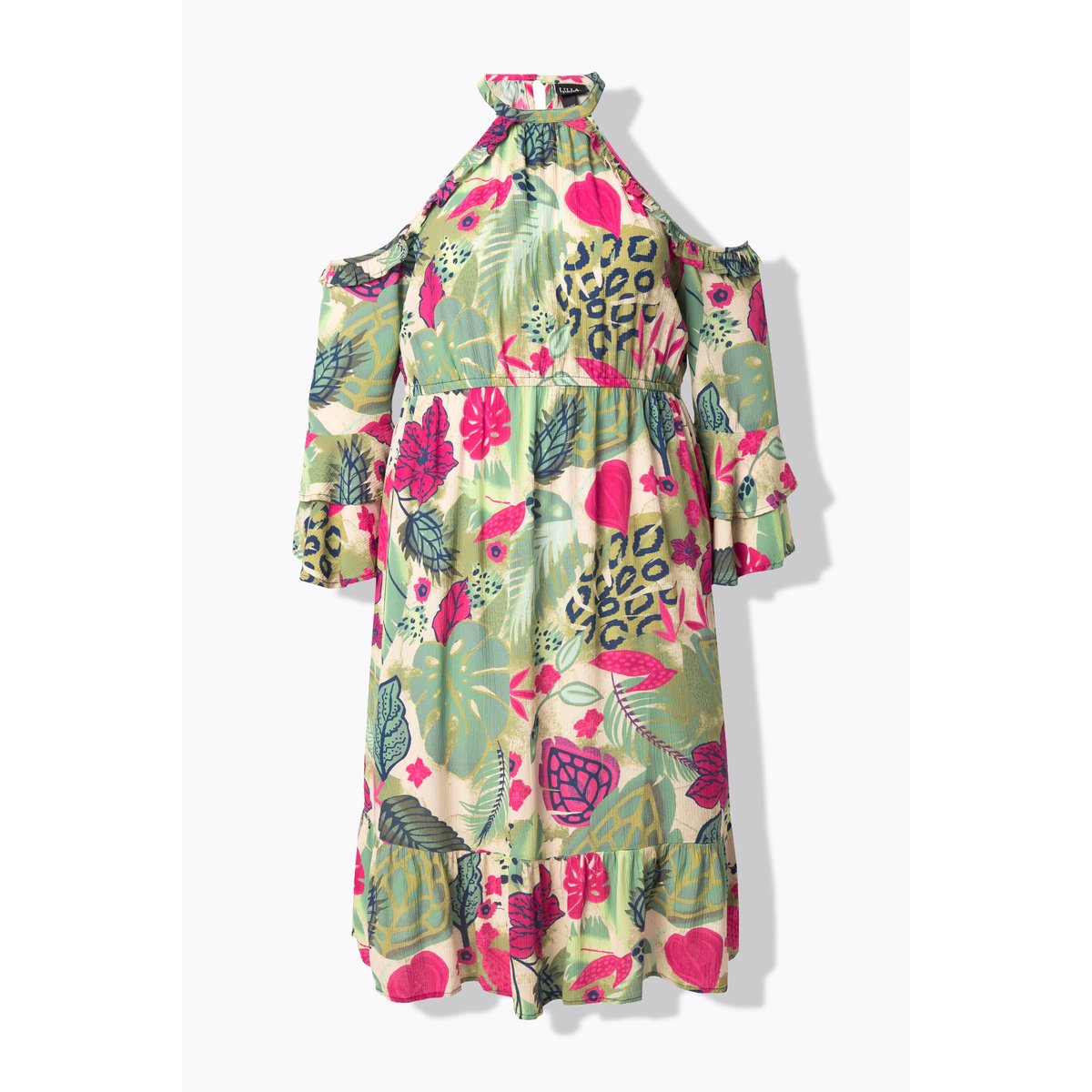 Robe à col rond et manches 3/4. Épaules nues champagne clair, ULLA POPKEN