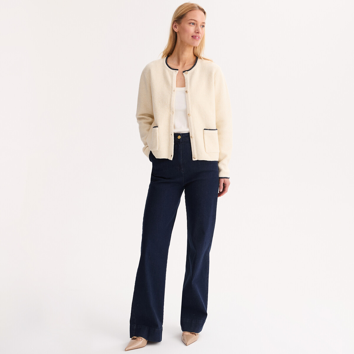 Fine Stretch Knit Contrast Edged Cardigan ecru/navy, ANNE WEYBURN
