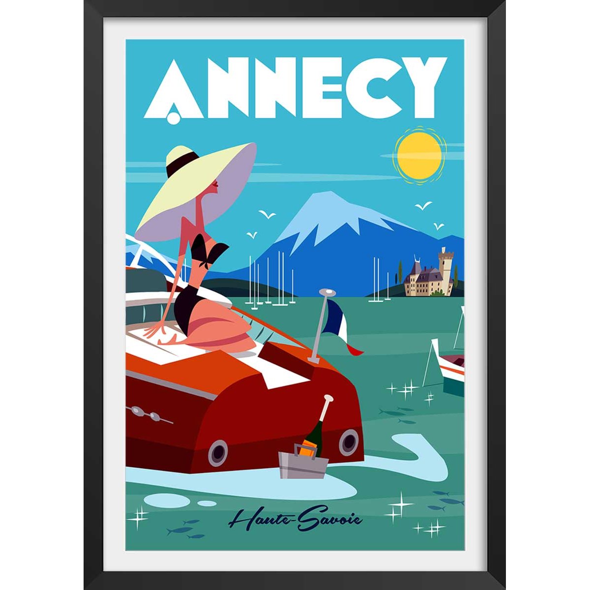 Poster de vedette du lac d' annecy affiche + cadre en bois - noir, HEXOA